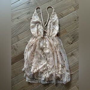 Romantic Pink & Gold Sequinned Backless Summer Romper with White Tulle Overlay